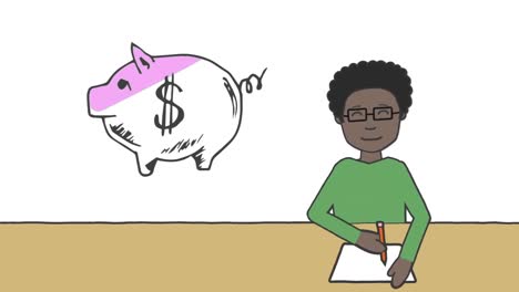 animation of piggy bank with american dollar symbol and schoolboy writing on white background