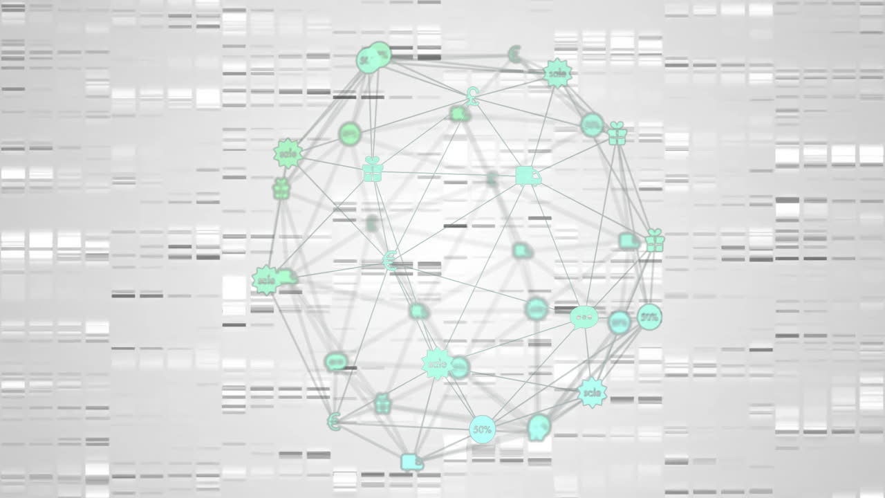 Network of connections and data processing animation over DNA sequencing background
