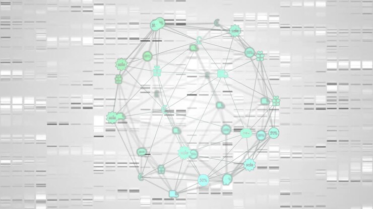 Network of connections and data processing animation over DNA sequencing background