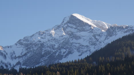 snowy bavarian alps mountain range with pine tree forest in germany, wide shot