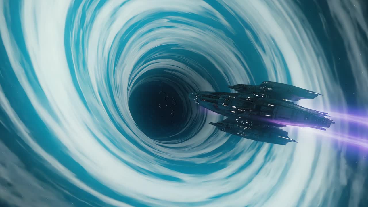 A futuristic spaceship entering a swirling wormhole or black hole in space