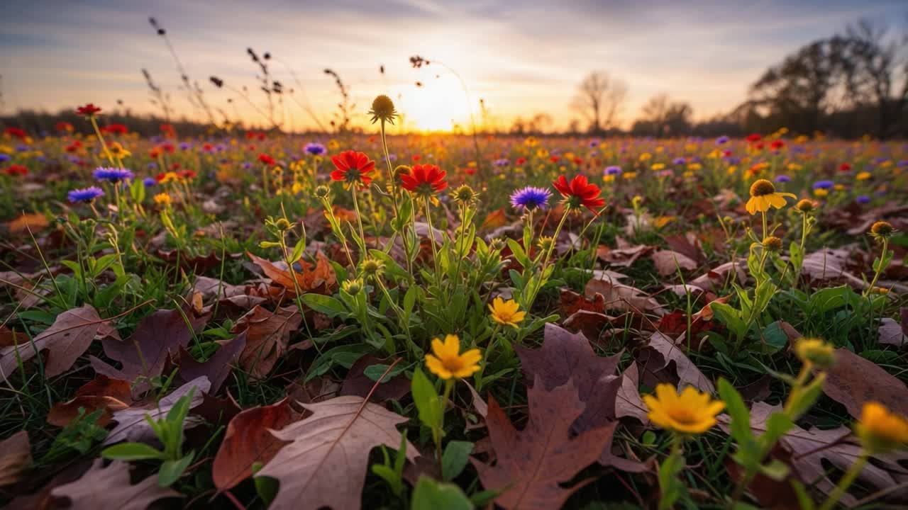 Campo di Fiori Selvatici Vibrante al Tramonto: Un Lussureggiante Arazzo di Colori e la Bellezza Naturale con Fiori e Foglie Sotto un Orizzonte Luminoso