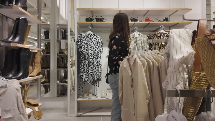 Modaya uygun bir butikte kıyafet alışverişi yapan kadın, mağaza içinde alçak açıdan arkadan takip eden görünüm.