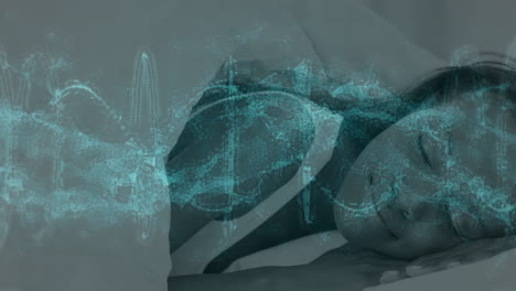animation of dna helix with circles over smiling african american woman relaxing on bed