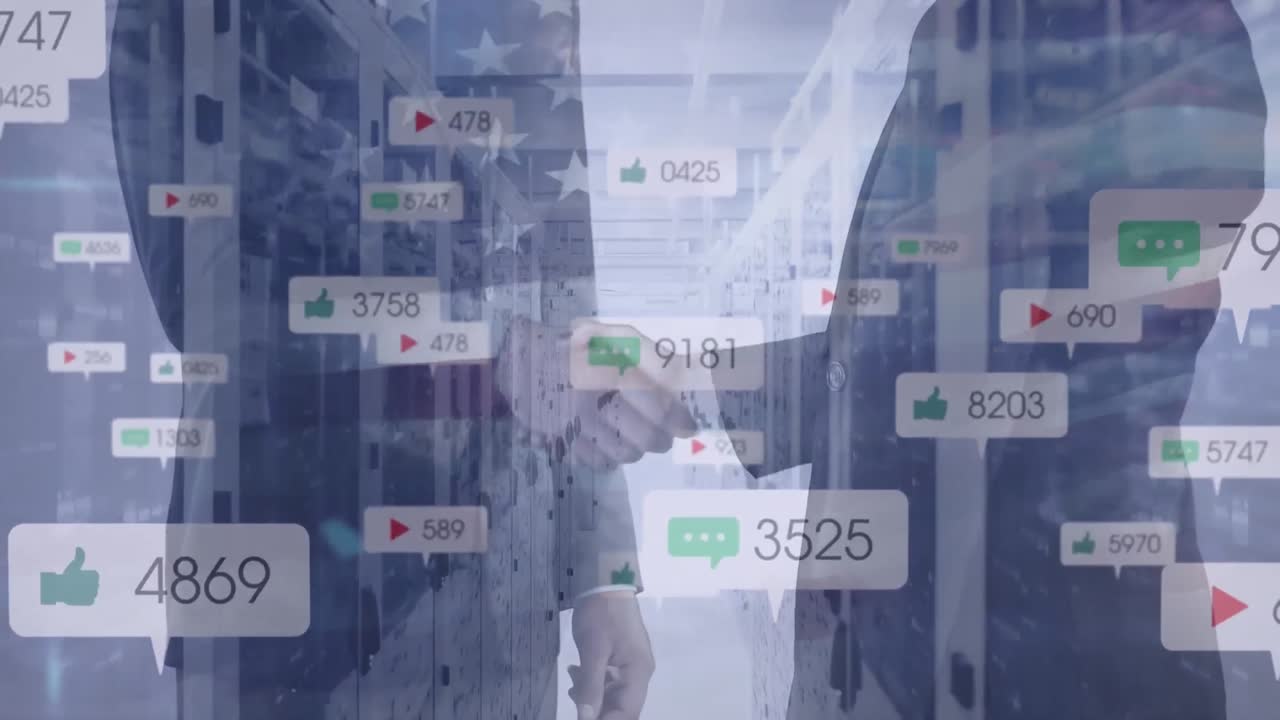 소셜 미디어 아이콘의 애니메이션, 사업가의 악수, 컴퓨터 서버 위의 미국  ⁇ 발