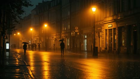 a rainy night in the city: streets illuminated by golden streetlights as umbrella-clad figures traverse the wet pavement reflecting warm light