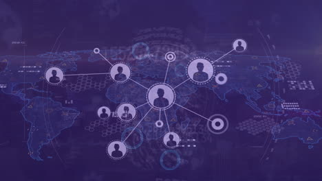 animation of changing numbers and scope scanning over network of profile icons and world map