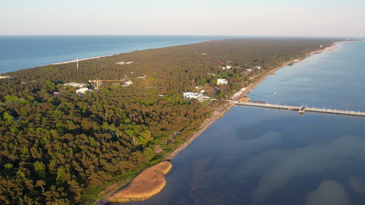 Aerial Top View of Wooden Long 320 Metres Pier in Jurata, Hel Peninsula Coastline, Poland