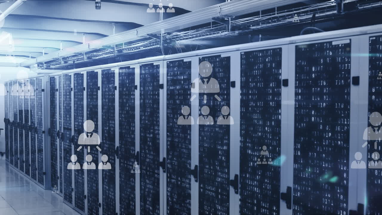 Animation of media icons over server room