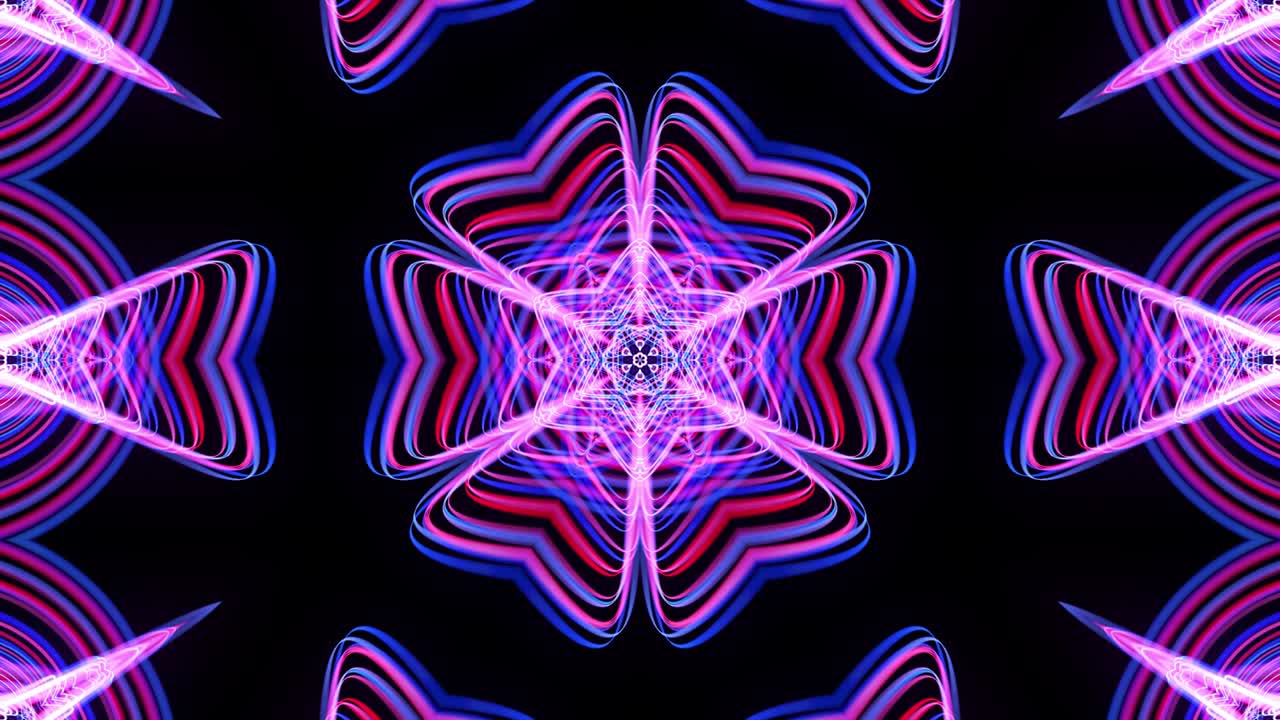 4k bg abstracto con patrón de líneas púrpuras azules brillantes. patrón como flor, estrella o mandala de líneas curvas brillantes. estructura simétrica caleidoscópica. espectáculo de láser abstracto. animación vj con líneas