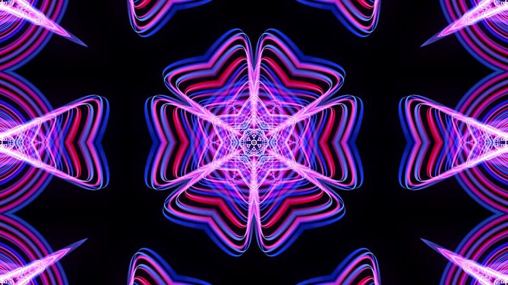 4k abstract bg with pattern of glow blue purple lines. Pattern like flower, star or mandala of glow curved lines. Kaleidoscopic simmetrical structure. Abstract laser show. VJ animation with lines