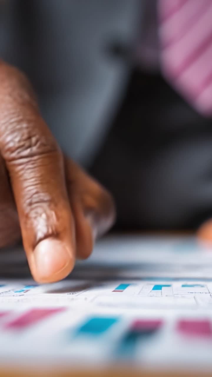Focused Hands Analyzing Data Reports: Close-up of a Business Professional's Finger Mapping Out Trends and Insights on a Detailed Graphical Analysis Sheet