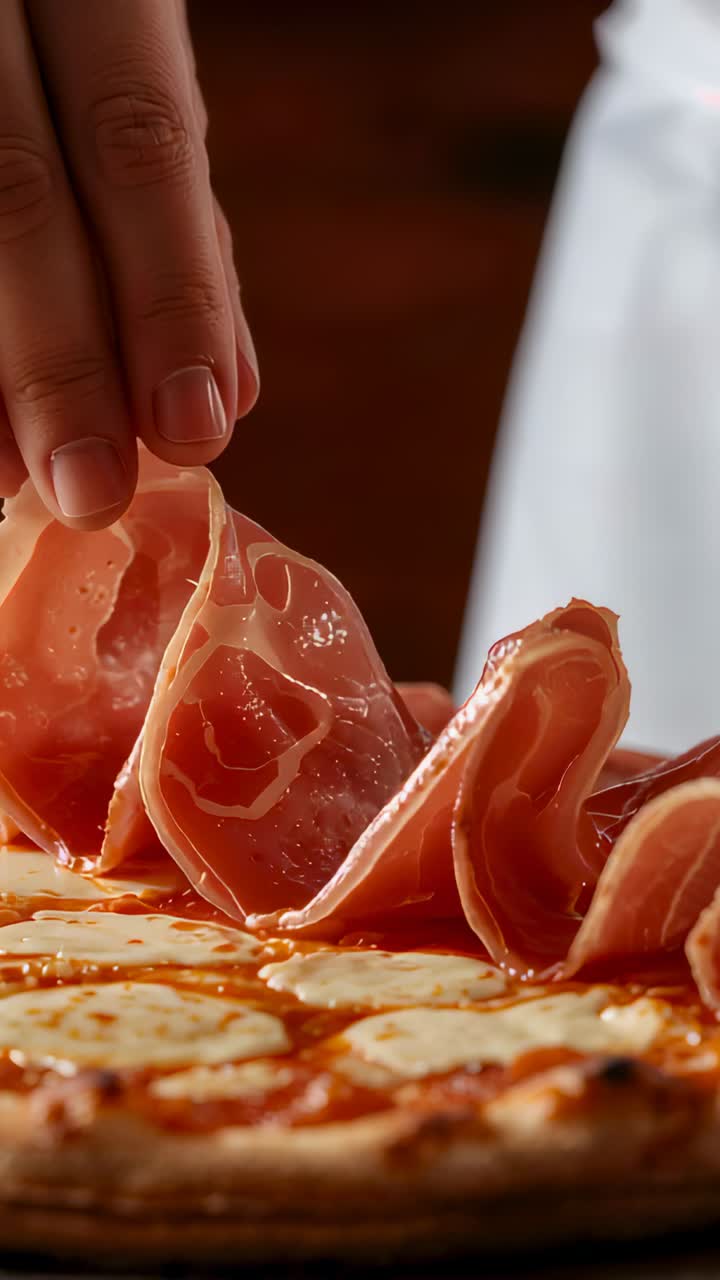 Video verticale: inquadratura di uno chef che indossa un camice bianco mentre dispone il prosciutto su una pizza con mozzarella durante la preparazione, pronto per servirla