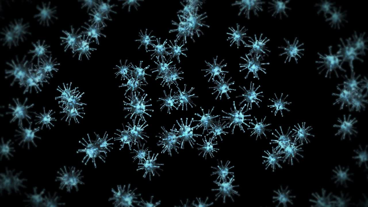 Flying many virus cells on black background. Medical concept, Microscopic illustration. 3D animation of virus molecule rotating. Loop animation.