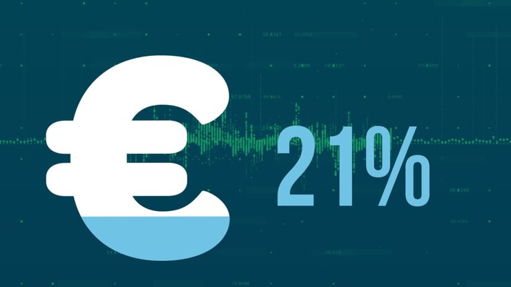 Animazione del simbolo dell'euro e della percentuale che si riempiono di blu su un'elaborazione di dati finanziari