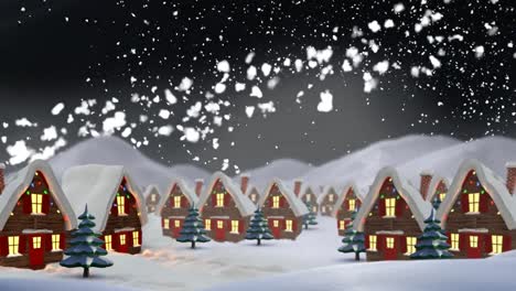 Animation-of-winter-scenery-with-decorated-houses-on-black-background