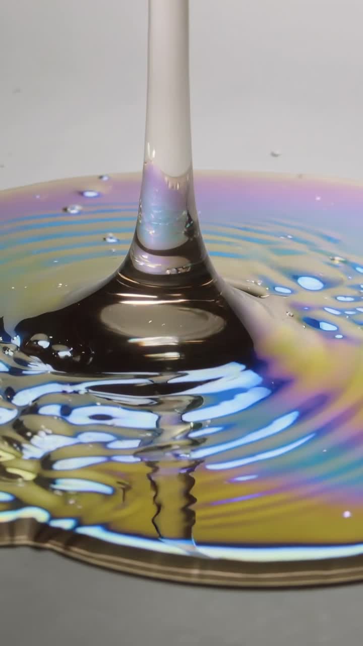 Vertical video: Pressing white tube sending viscous column into dish, forming iridescent film