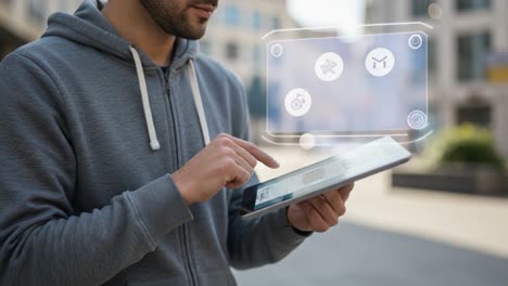 engaged in digital interaction: a person using a tablet outdoors with interactive elements in a modern urban setting