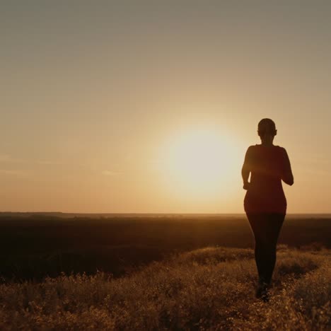 Athletic-middle-aged-woman-runs-at-sunset
