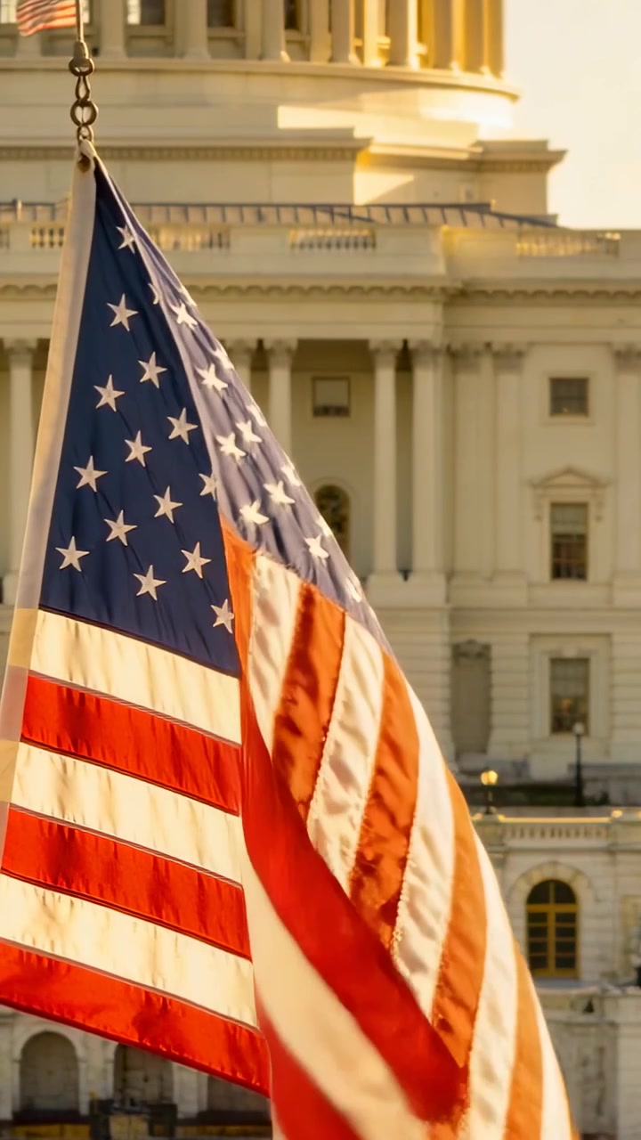 Video verticale: Bandiera americana che sventola reagendo alla brezza presso una cupola neoclassica, mostrando un anello di metallo