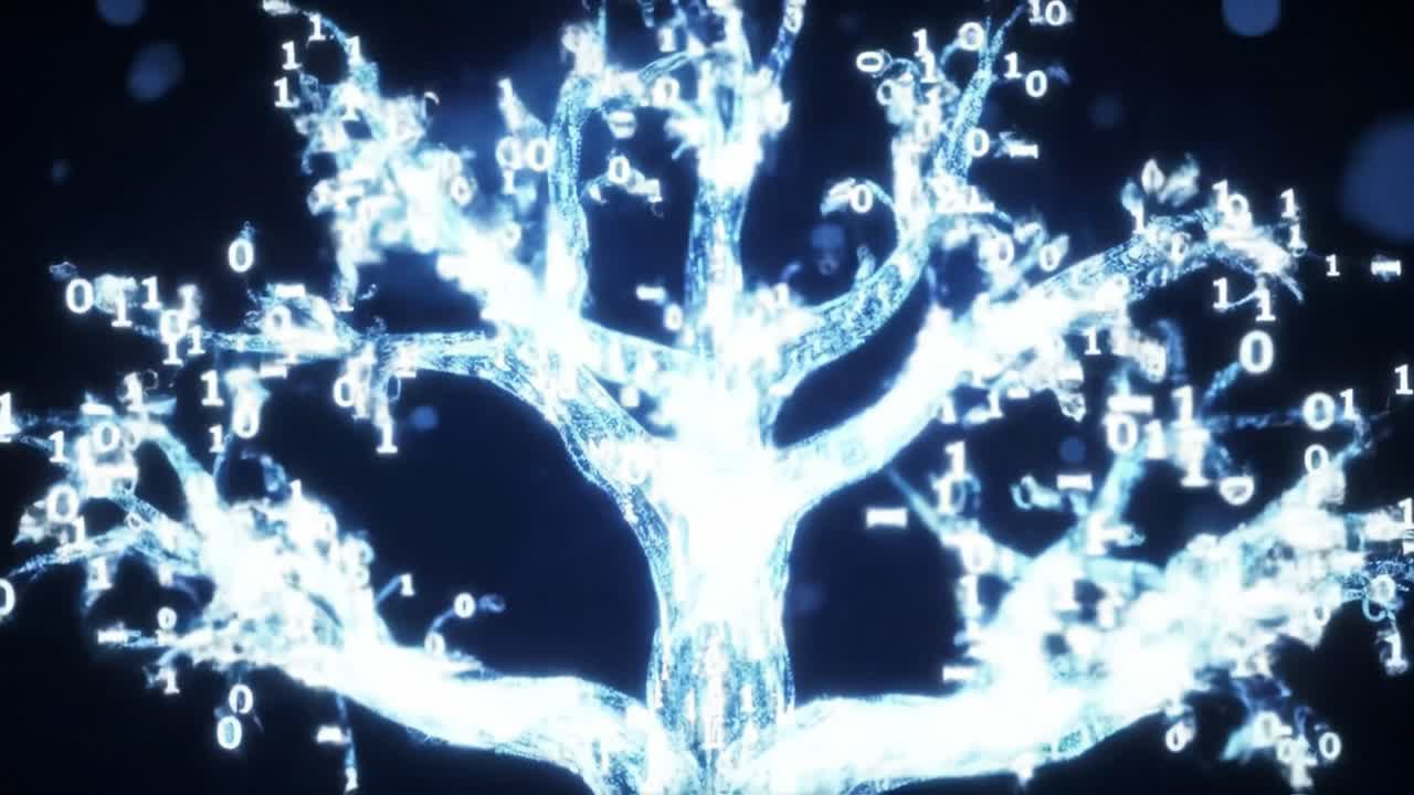 A luminous digital tree merges nature with technology, showcasing intricate patterns of light and data as it evolves from organic to binary forms in a stunning visual transformation.