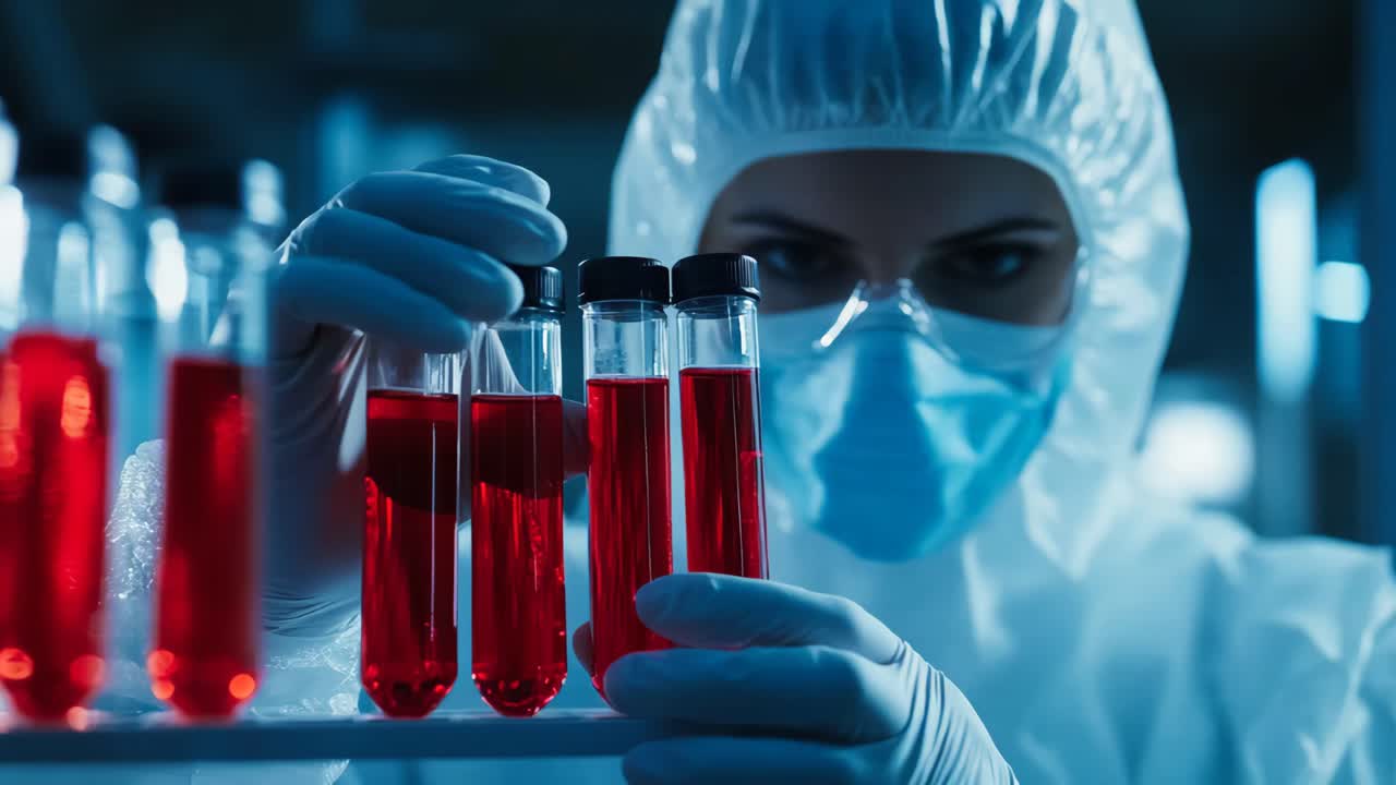 Scientist examining test tubes in a laboratory setting
