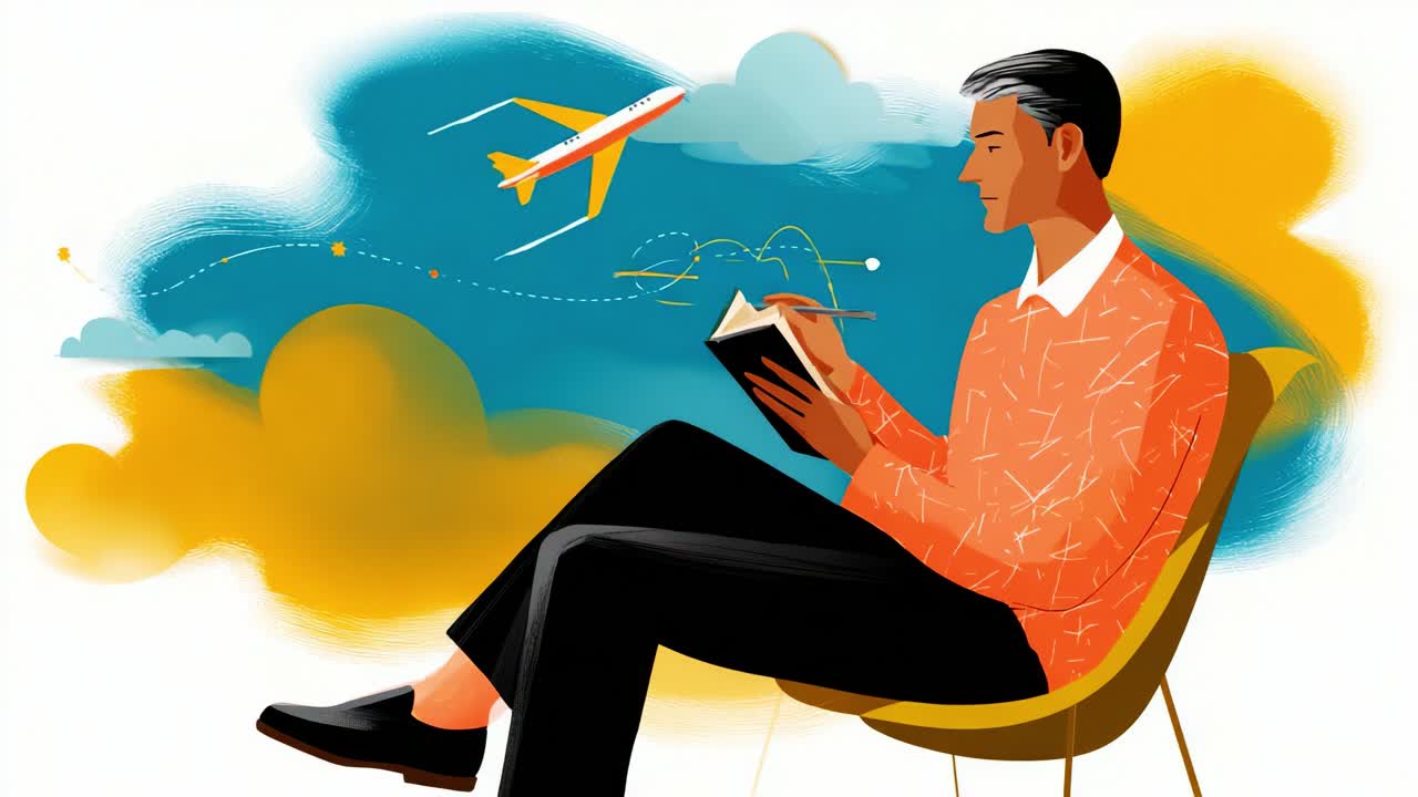 A Relaxing Moment: A Man Enjoys His Book While Daydreaming of Air Travel, Illustration Capturing the Essence of Leisure and Imagination, Surrounded by Vibrant Colors and Dreamy Clouds
