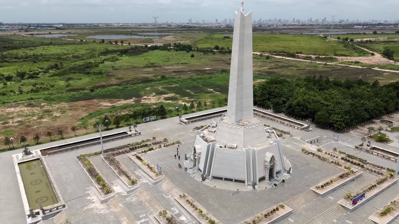 Aerial footage above the Win Win memorial monument, Phnom Penh, Cambodia. Drone turn around the monument from right to left