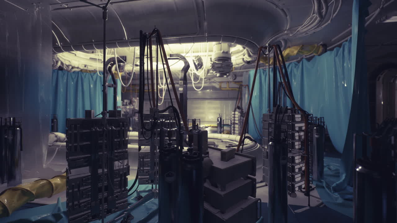 Futuristic visual environment featuring industrial design and complex cabling