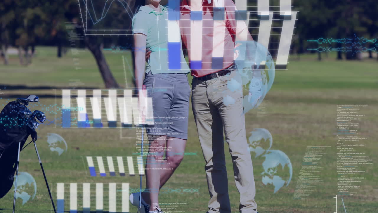 Golfing pair celebrating golf shot on fairway, with animated tech charts code snippets globe icons