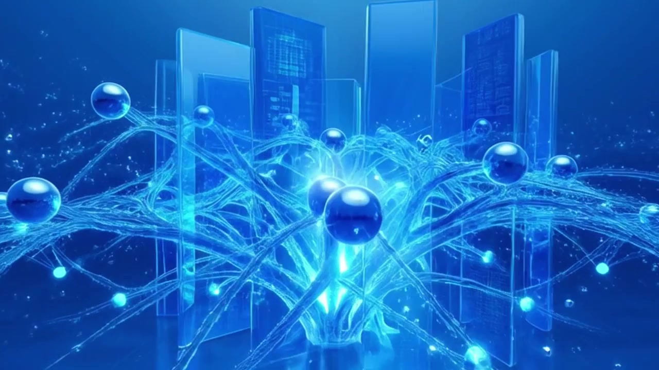 Abstract Digital Network Visualization with Floating Spheres and Glowing Connections