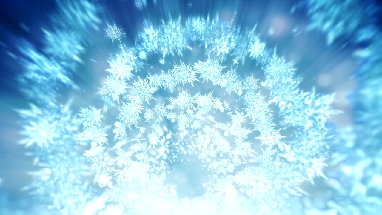 아름다움의 눈송이와 함께 반이는 겨울의 상징, 스핀 눈에서 소용돌이, 겨울 패턴, 아름다움 춤추는 눈송이, 추상적인 루프 애니메이션.