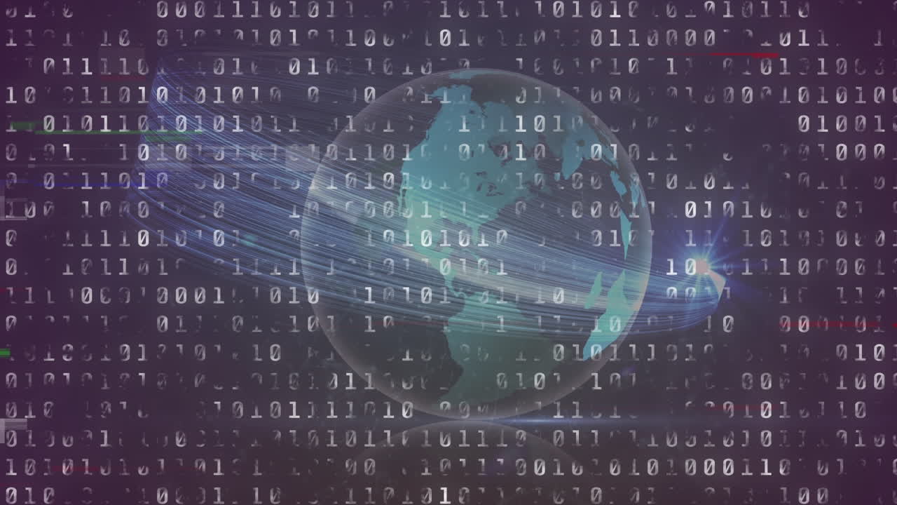 보라색 배경에 회전하는 지구, 오류 및 이진 코드의 애니메이션