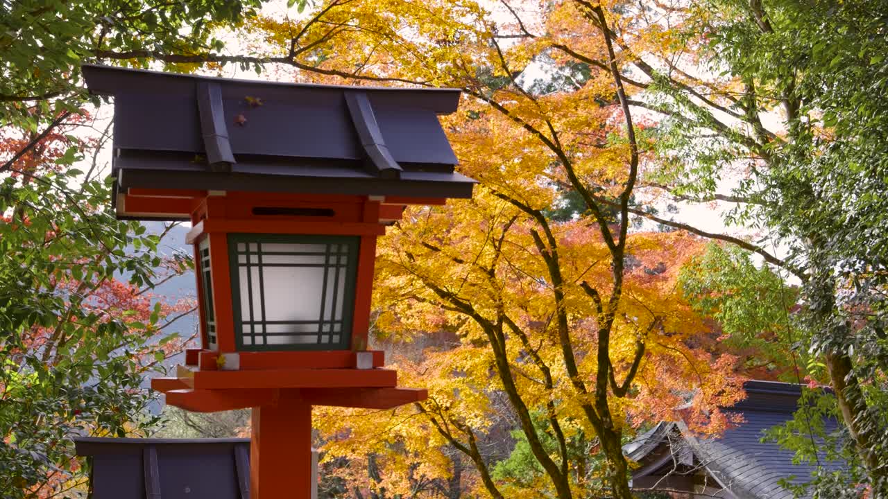 impresionante vista en cámara lenta sobre la linterna de madera japonesa con colores de otoño