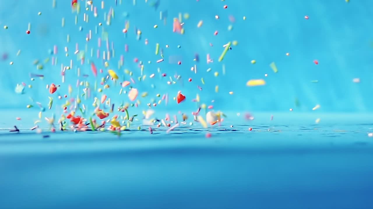 다채로운 모양의 달이가 파란색 배경에 테이블 위에 떨어집니다. 4k 느린 동작 밝은 재미 비디오.