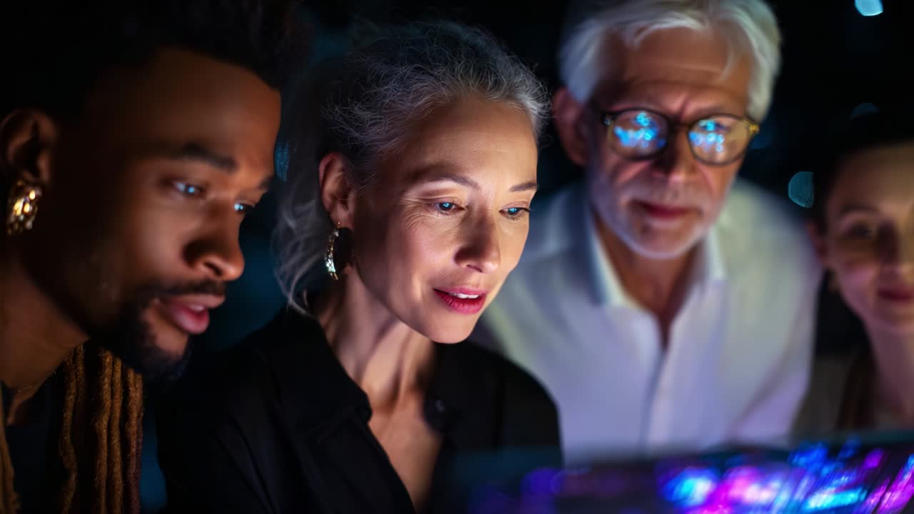 Group of diverse individuals engaged in focused digital interaction at nighttime, showcasing collaboration and enthusiasm for technology and innovation with illuminated screens, exploring possibilities and ideas together
