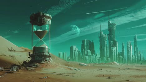 futuristic desert city with hourglass