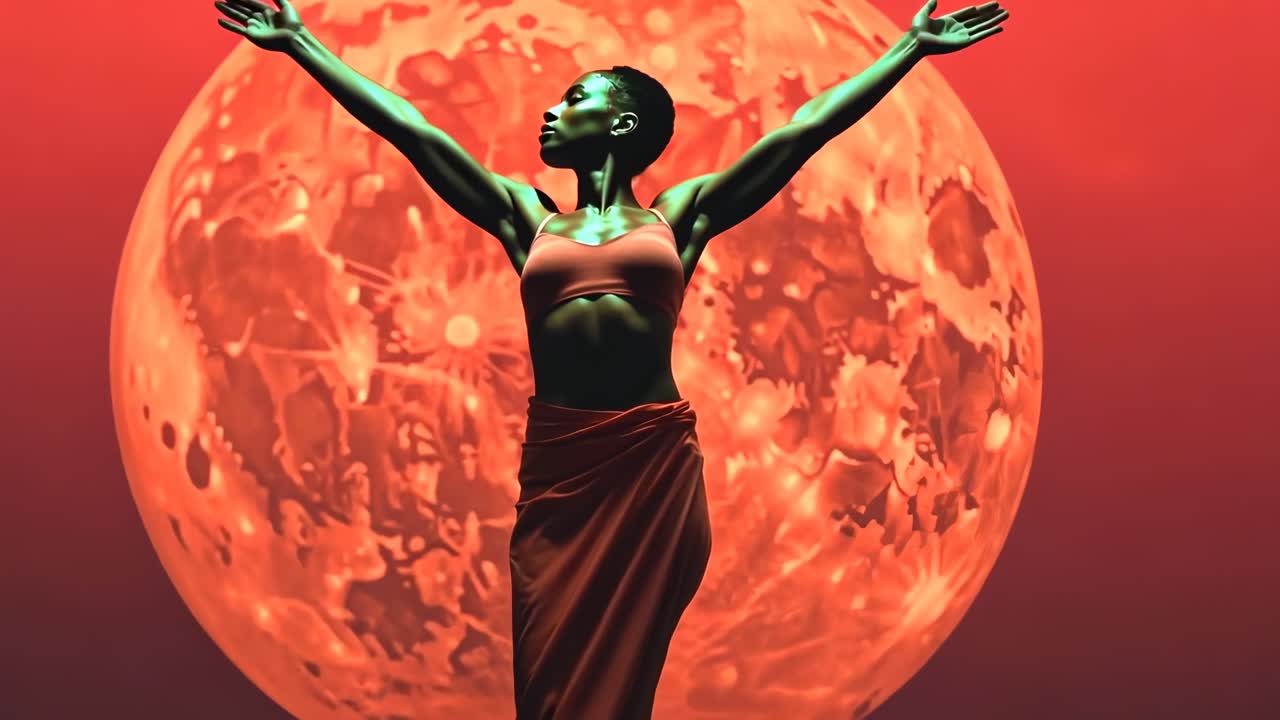 Silhouette of a person with raised arms against a large moon backdrop