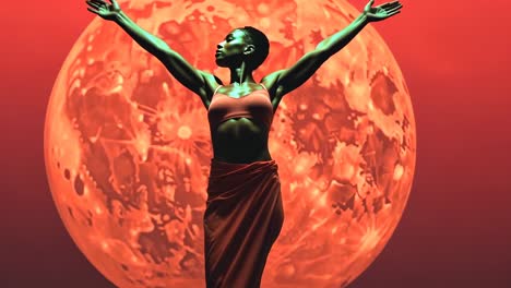 silhouette of a person with raised arms against a large moon backdrop