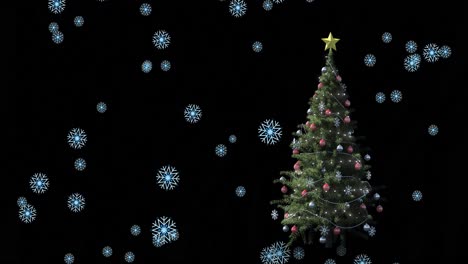 Animation-of-snow-falling-over-christmas-tree-on-dark-background