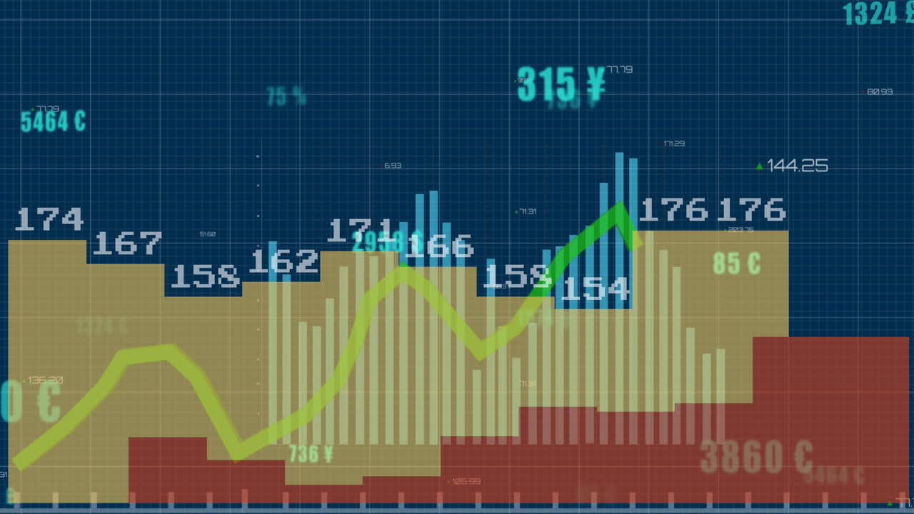 animación de números cambiantes con símbolos de divisas en múltiples gráficos sobre fondo azul