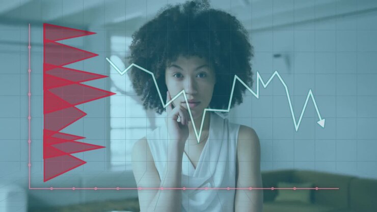 Animation of statistical data processing against thoughtful african american businesswoman at office