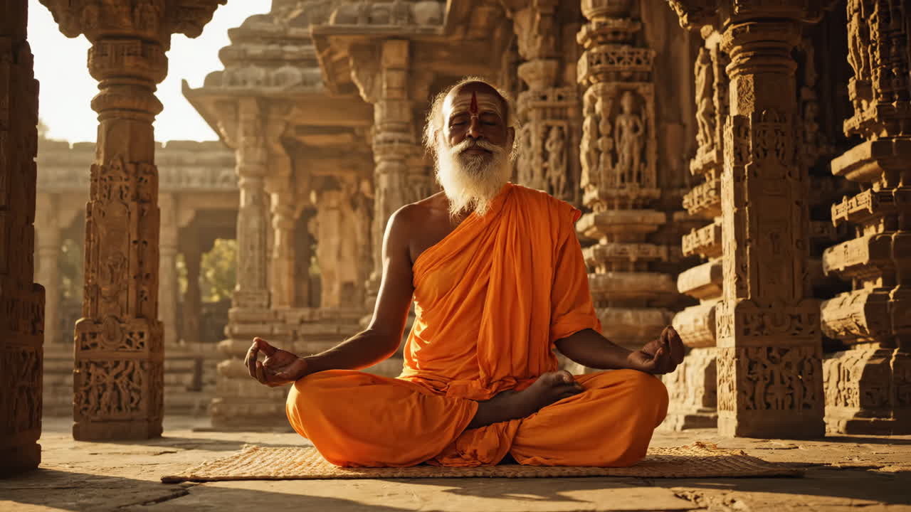 Elderly Sadhu Meditating in Ancient Indian Temple