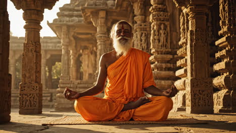 elderly sadhu meditating in ancient indian temple