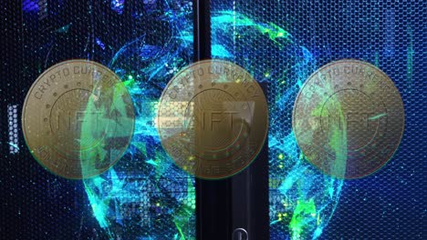 animation of coins with nft and globe with shapes over servers