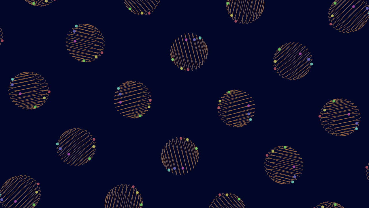 Abstrakte geometrische Animation mit gestreiften Kreisen und schwebenden bunten Punkten auf dunkelblauem Hintergrund, nahtloses modernes Muster für Motion Design, UI und Branding