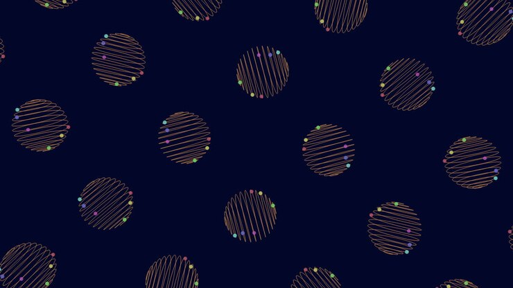 Abstrakt geometrisk animation med stribede cirkler og farverige prikker, der svæver på en mørkeblå baggrund, et sømløst moderne mønster til motion design, UI og branding.