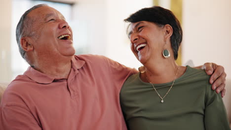 home, hug and funny with senior couple
