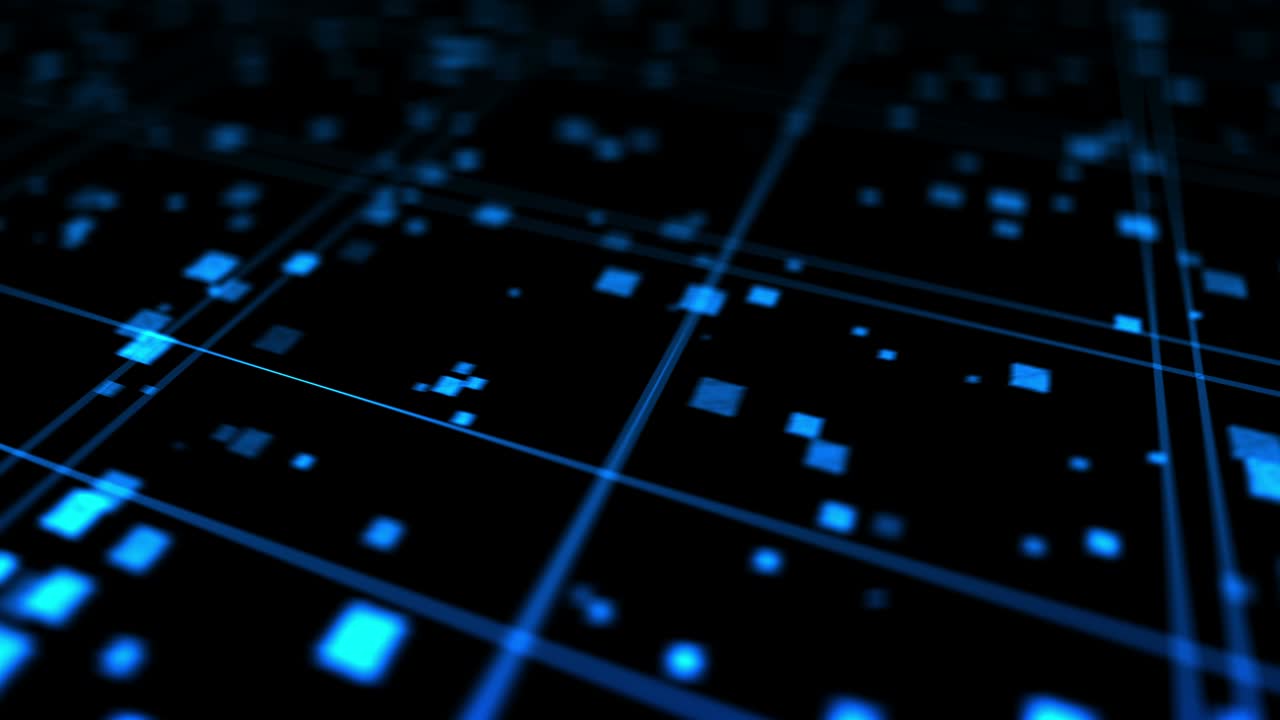 Bright technology of blue neon lines. Business concept. 3D rendering of rotating squares crossing on black background. Loop animation.