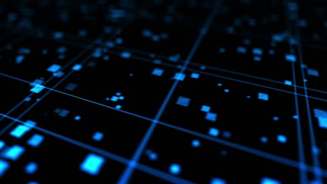 tecnología brillante de líneas de neón azul. concepto de negocio. representación 3d de cuadrados giratorios que se cruzan en fondo negro. animación de bucle.